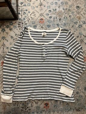Levi's Cream & Black Striped Long Sleeve Waffle Henley Top